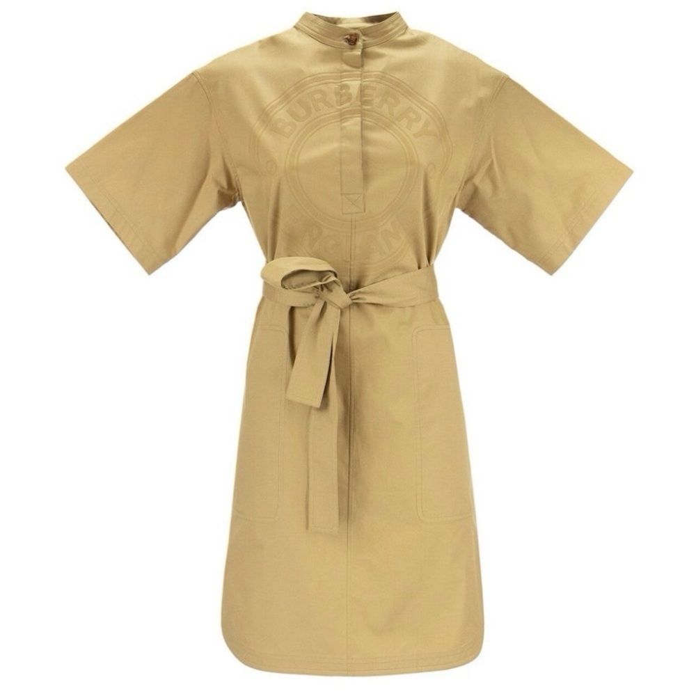 BURBERRY Abbie Smoke Stitch Cotton Twill Dress with Graphic Logo in Khaki Size 6 - Picture 7 of 7